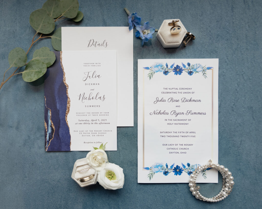 Invitation and ring detail photographs for a Catholic wedding in Dayton, Ohio