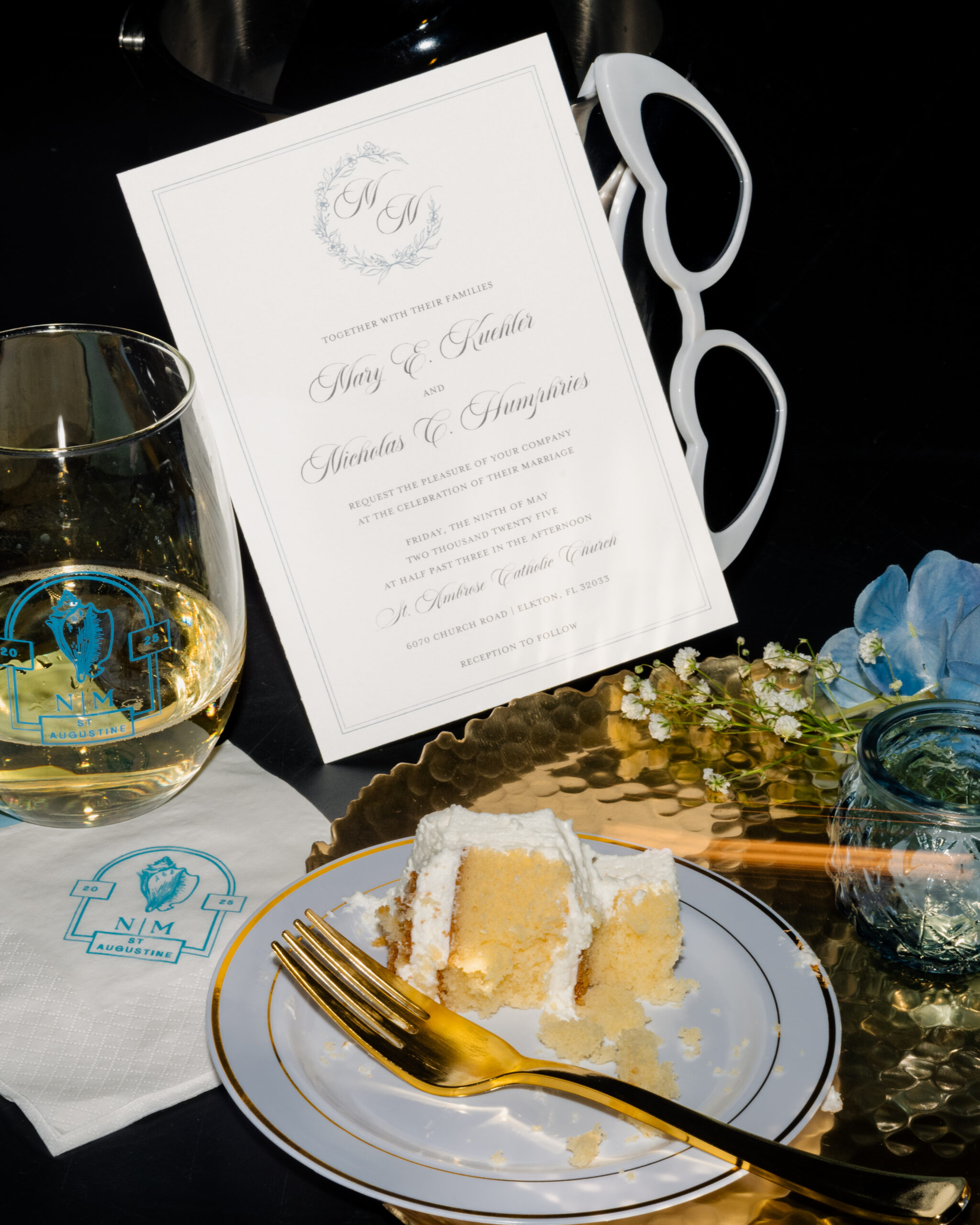 A late night details photograph of elements of a catholic wedding reception in st augustine florida